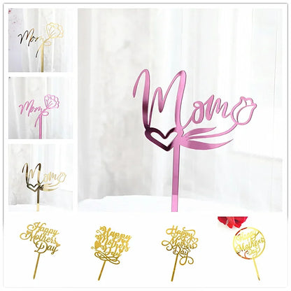 New Happy Mother's Day Birthday Cake Topper Gold High-grade Acrylic MOM Party Cake Toppers Mother's Day Gifts Dessert Decoration