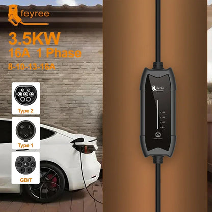 feyree EV Charger Type2 16A 3.5KW 1Phase GB/T / Type1 Current Adjustable 3.5m Cable Portable Charging Box for Electric Vehicle