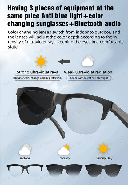 2025 Photosensitive Color Change Smart Glasses Bluetooth Voice Calls Control Music UV Polarized Sunglasses Headphone Glasses Man