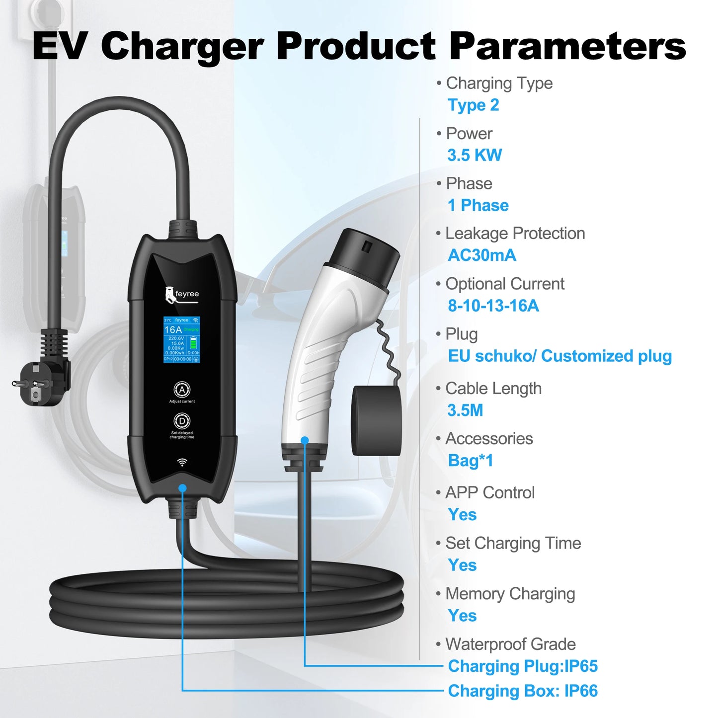 feyree Portable EV Charger Type2 IEC62196-2 EVSE Fast Charging 3.5M Cable EVSE Wallbox WiFi APP Bluetooth Wireless Control