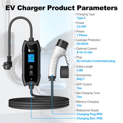 feyree Portable EV Charger Type2 IEC62196-2 EVSE Fast Charging 3.5M Cable EVSE Wallbox WiFi APP Bluetooth Wireless Control