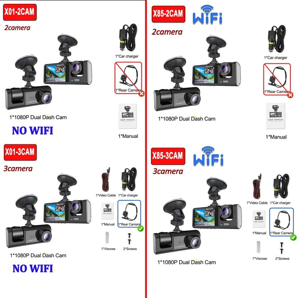1080P Car Dvr WiFi APP 3/2Lens Dash Cam for Cars Camera for Vehicle Recorder Video Front and Rear Camera  Night Vision Dashcam
