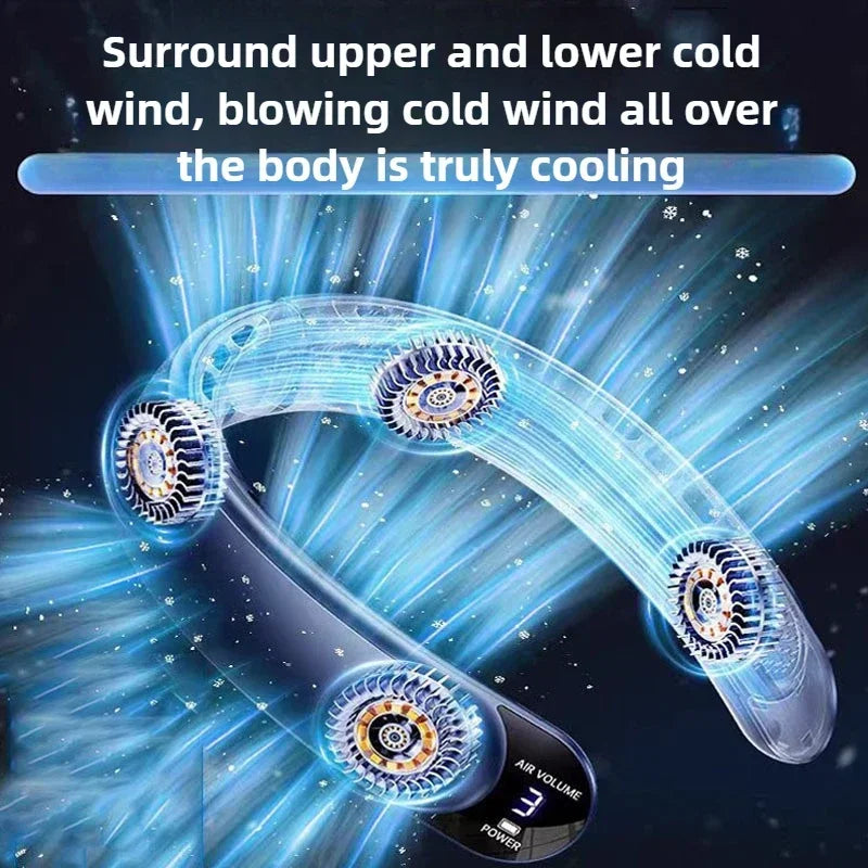 4000mAh Leafless Portable Neck Fan Turbine Vaneless Design 3 Gears Super Strong Wind Fast Cooling Digital Display for Outdoor
