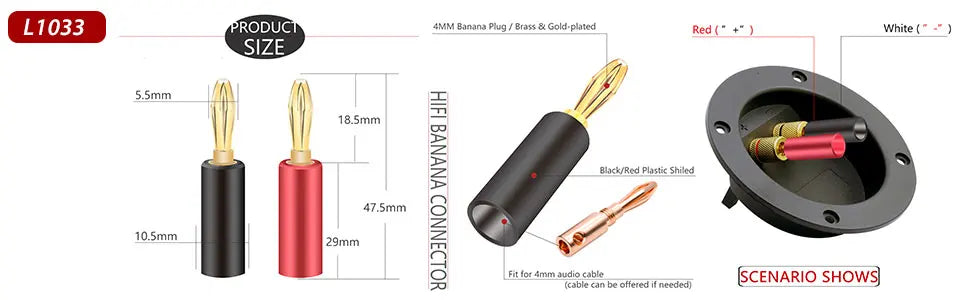 20pcs/10pairs BANANA PLUGS 24K Gold-plated 4MM Banana Connector with Screw Lock For Audio Jack Speaker Plugs Black&Red