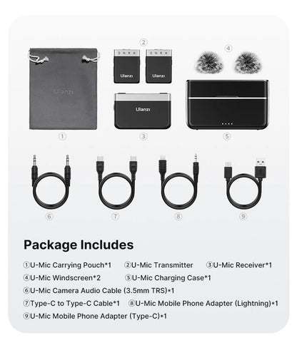 Ulanzi U-Mic Wireless Mic Stereo Microphone Lavalier Microphone for Smartphone DSLR for Interview Video Vlog Gaming Mic