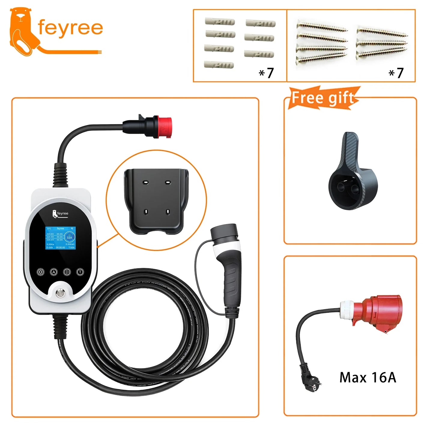 feyree Type2 11KW EVSE Wallbox EV Portable Charger 16A 3Phase Wi-Fi Smart APP Control Charging Station for Electric Car Charger