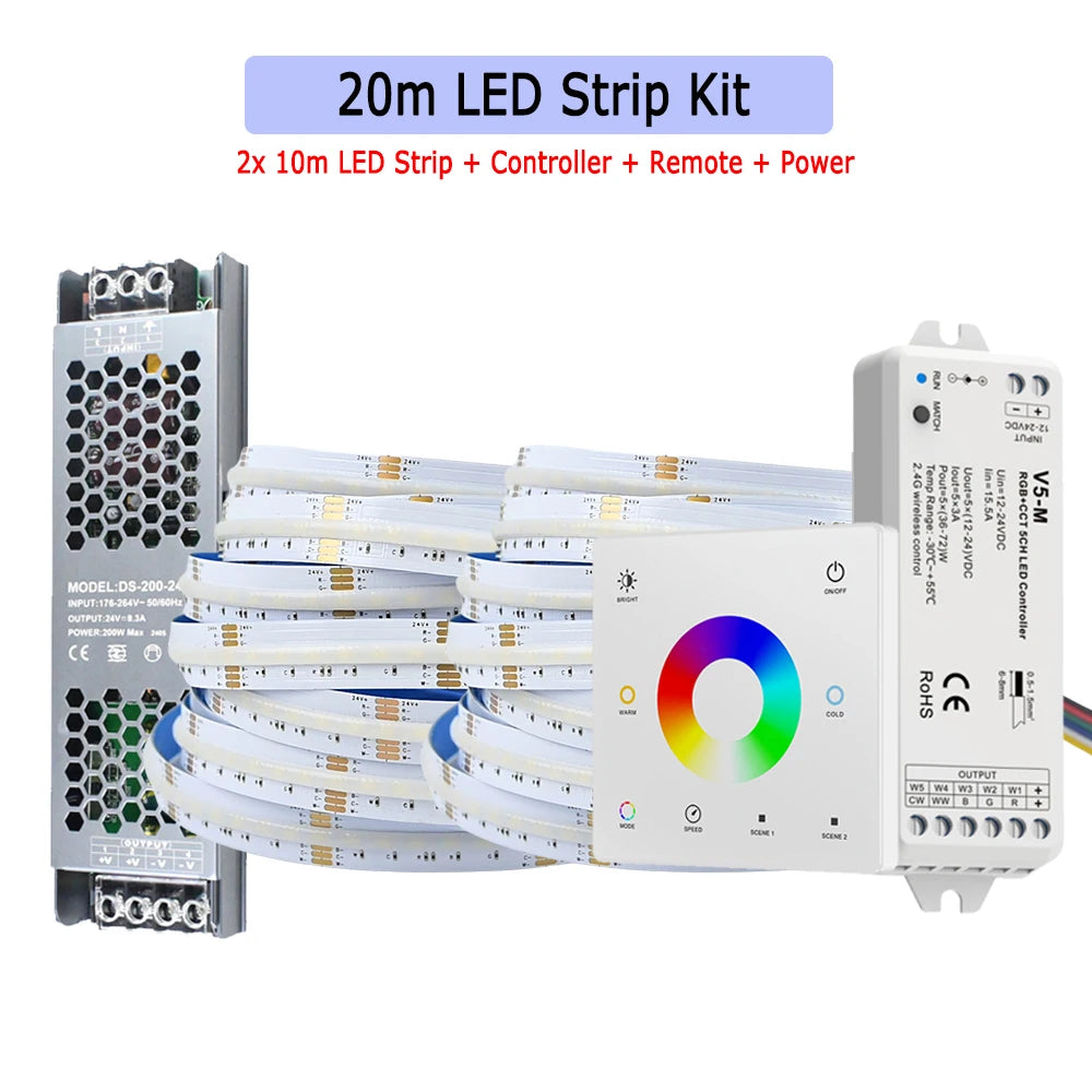 5M 10M 20M 24V COB RGB+CCT LED Strip Flexible Dimmable Room Cabinet Liner Light Bedroom Decor 2.4G RF Touch Panel Remote Control