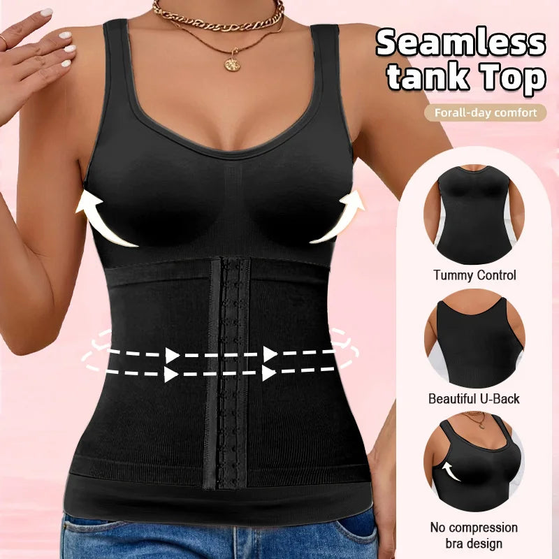 1PC Highly Elastic Women'S 3in1 Camisole Seamless Waist Trainer Removable Bra Pad Hook Adjustable Tummy Control Shaping Tank Top