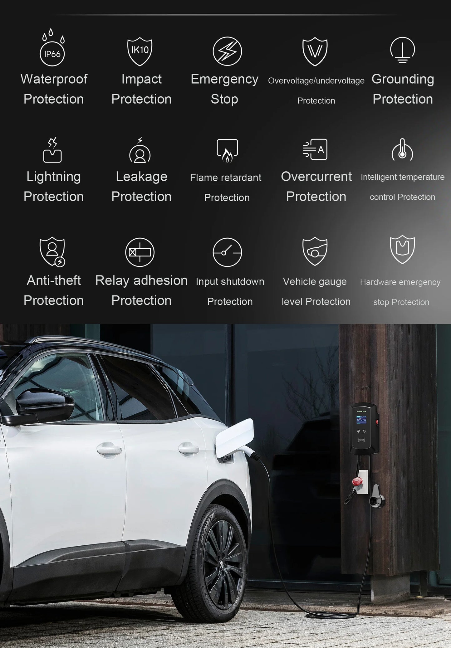 AFYEEV 32A EV Charging Station 22KW 3Phase Electric Vehicle Car Charger 11KW Type2 IEC62196-2 EVSE Wallbox APP Control 5m Cable