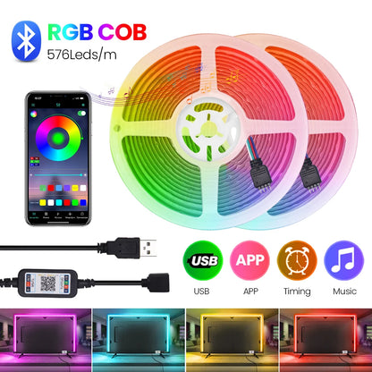 5V USB RGB COB LED Strip Light Bluetooth APP Control Music Sync 576LEDs/m High Density Flexible Ribbon RGB Tape TV Backlight