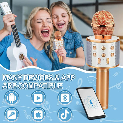Wireless Bluetooth Karaoke Microphone for Kids, 5-in-1 Portable Handheld Karaoke Mic Speaker Player Recorder with  FM Radio