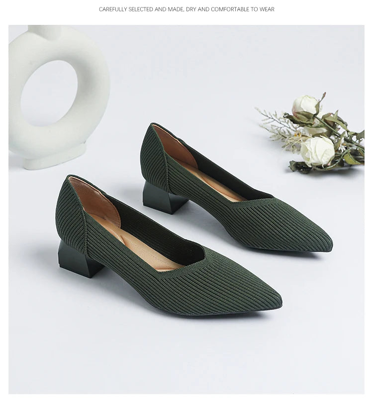 2025 New Women's High Heels Large 42/43 Fashion Pointed Anti slip Rubber Bottom Knitted Breathable Shoes