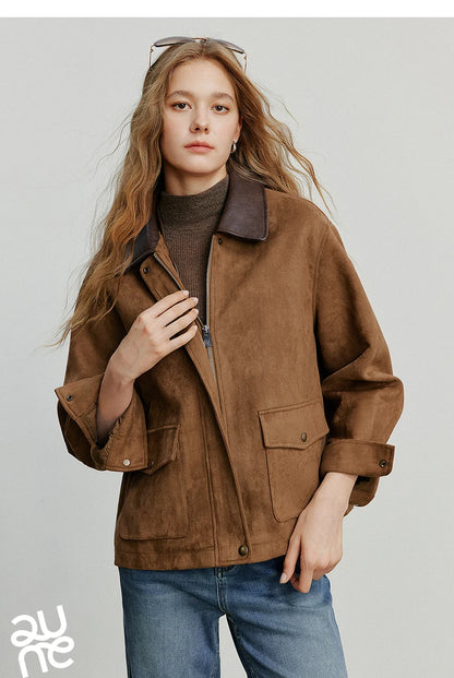 TOYOUTH Women Jacket coat 2025 Autumn New Vingtage Barn Style Suede Leather Patchwork Collar Jacket Brown