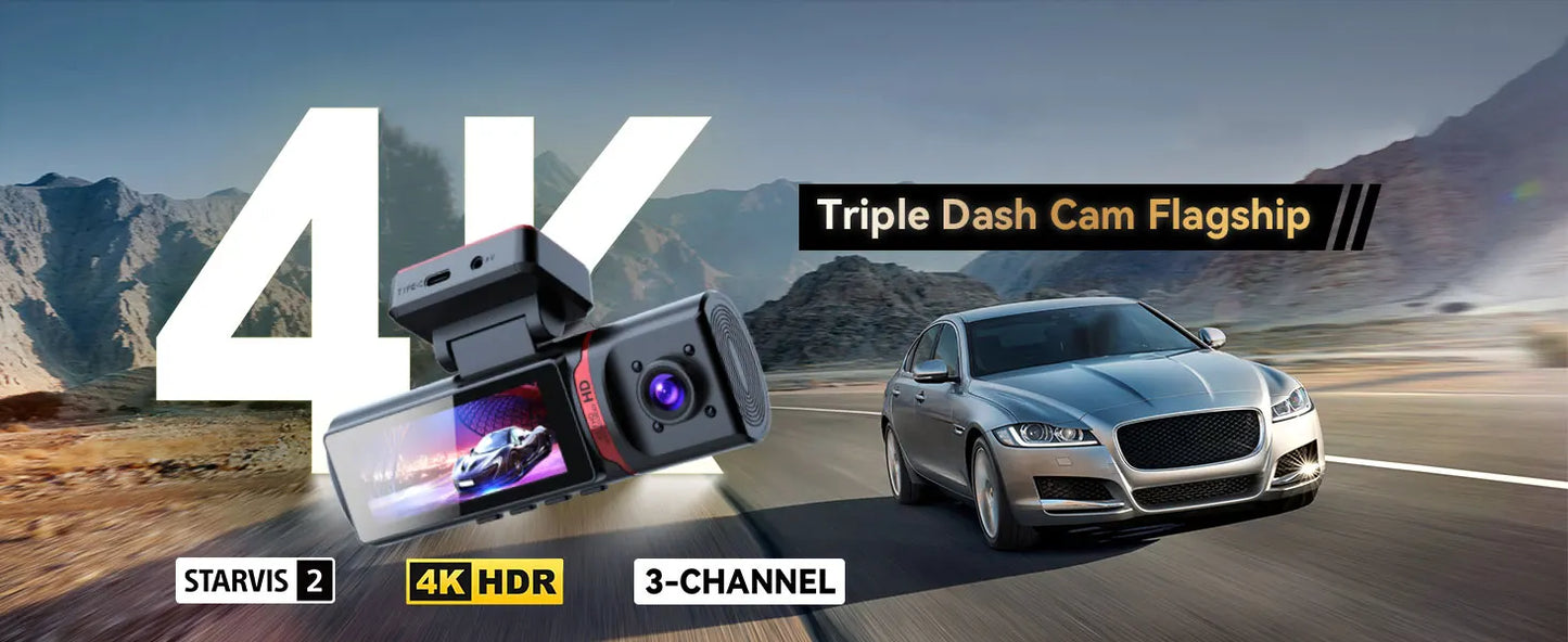 3 Channel Car DVR UHD 4K 3-Lens Inside Vehicle Dash Cam Three Way Camera DVRs Recorder Video Registrator GPS Dashcam Camcorder