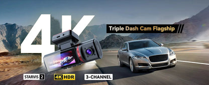 3 Channel Car DVR UHD 4K 3-Lens Inside Vehicle Dash Cam Three Way Camera DVRs Recorder Video Registrator GPS Dashcam Camcorder