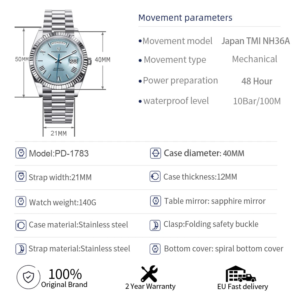 PAGANI DESIGN 2025 New Gold Green 40MM Date Week Men's Watches Automatic Watch Men AR Sapphire Glass NH36A Mechanical Wristwatch