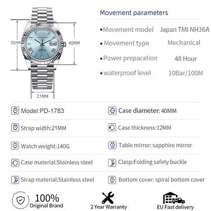 PAGANI DESIGN 2025 New Gold Green 40MM Date Week Men's Watches Automatic Watch Men AR Sapphire Glass NH36A Mechanical Wristwatch