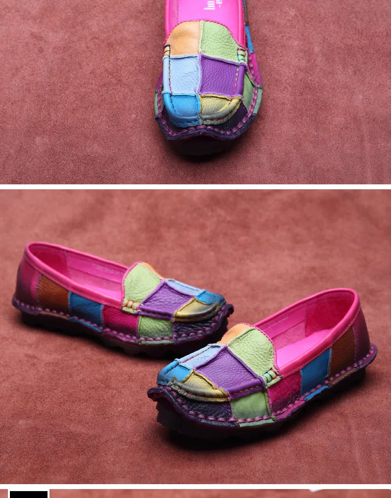 Koznoy 2.5cm Native Flats Shoes Women Natural Cow Genuine Leather Big Size Mixed Color Soft Soled Loafer Ethnic Moccasins Comfy