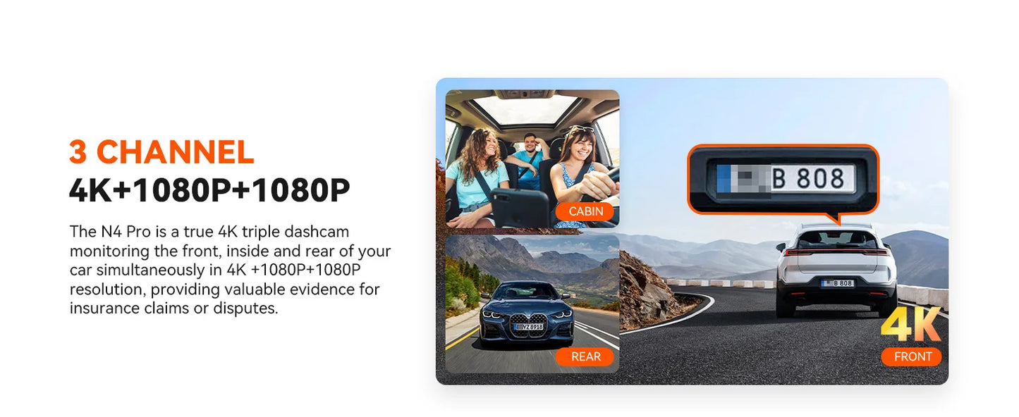 3 Channel Car DVR UHD 4K 3-Lens Inside Vehicle Dash Cam Three Way Camera DVRs Recorder Video Registrator GPS Dashcam Camcorder