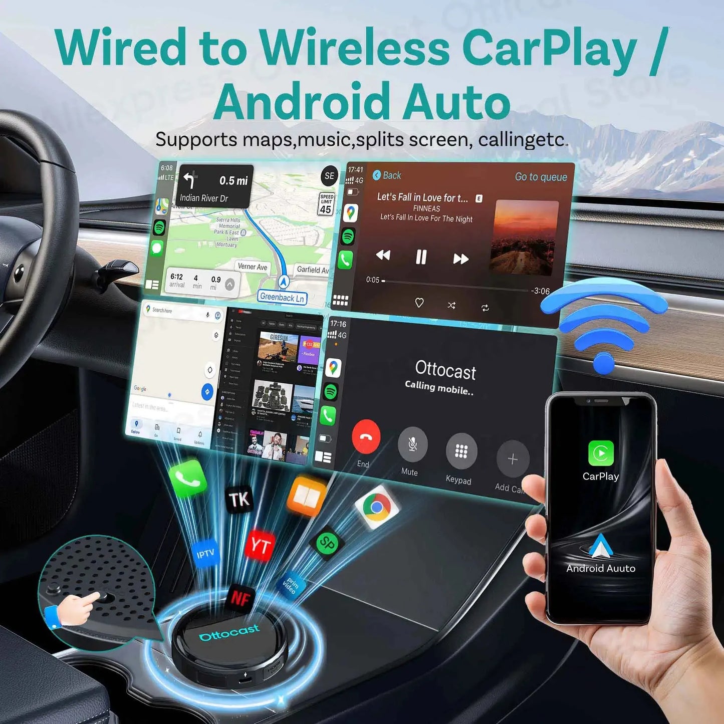 OTTOCAST P3 PRO AI Box Android TV Box for HDMI out Wireless CarPlay Android Auto Car Accessories for Toyota VW Honda Kia Benz