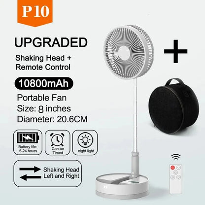 P10 10800mAh Folding Portable Fan USB Remote Control Air Cooler Silent Rechargeable Wireless Floor Standing Fan for Camping Desk