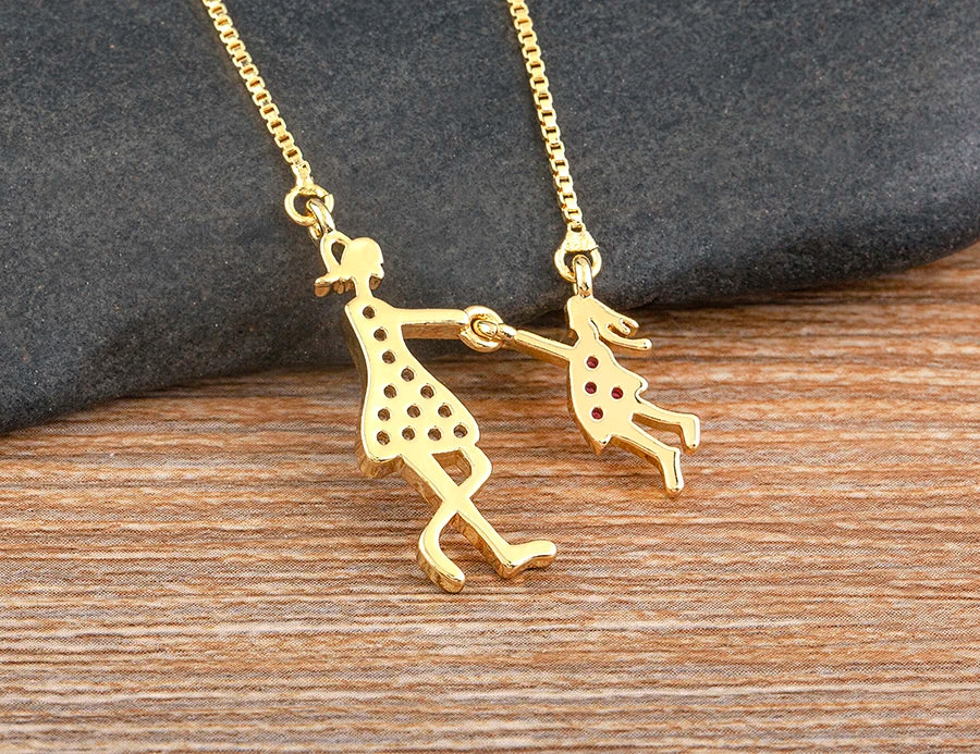 Nidin Exquisite Gold Plated Mom Daughter Necklace Girl Boy Pendant Chain Choker Cubic Zirconia Jewelry Mother's Day Gift