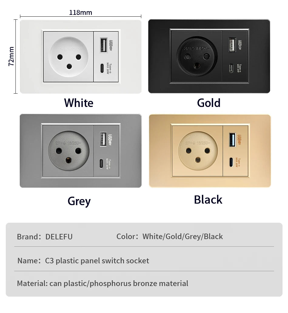 DELEFU White Retardant PC Israel USB Type C Fast Charging Wall Socket Light Tuya Wifi Smart Switch Sat TV Tel Doorbell Curtain