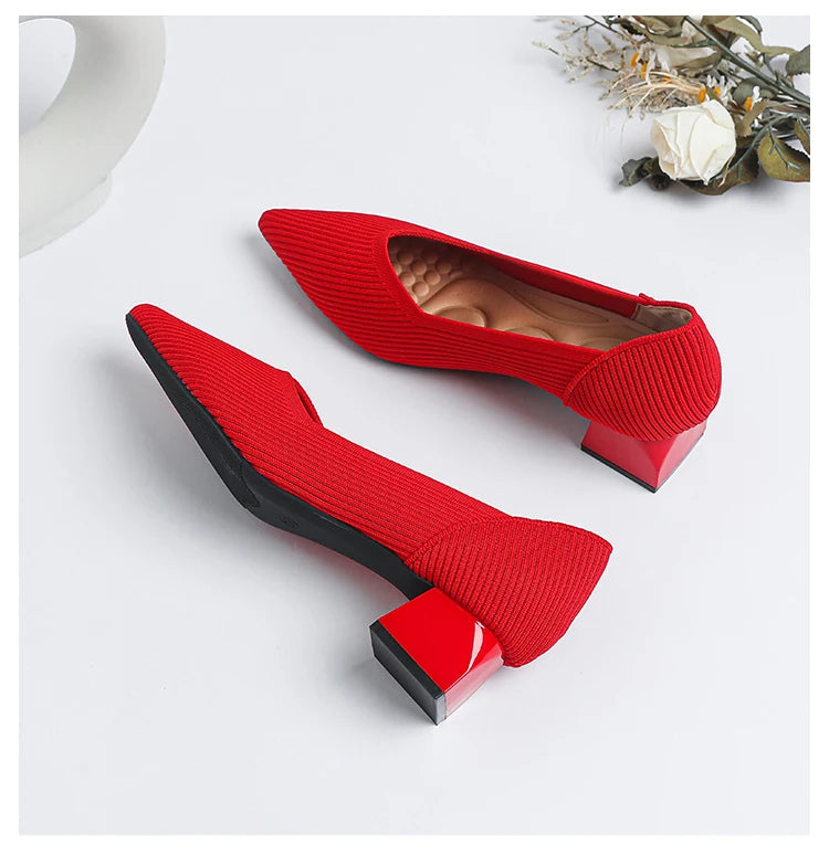 2025 New Women's High Heels Large 42/43 Fashion Pointed Anti slip Rubber Bottom Knitted Breathable Shoes
