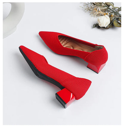 2025 New Women's High Heels Large 42/43 Fashion Pointed Anti slip Rubber Bottom Knitted Breathable Shoes