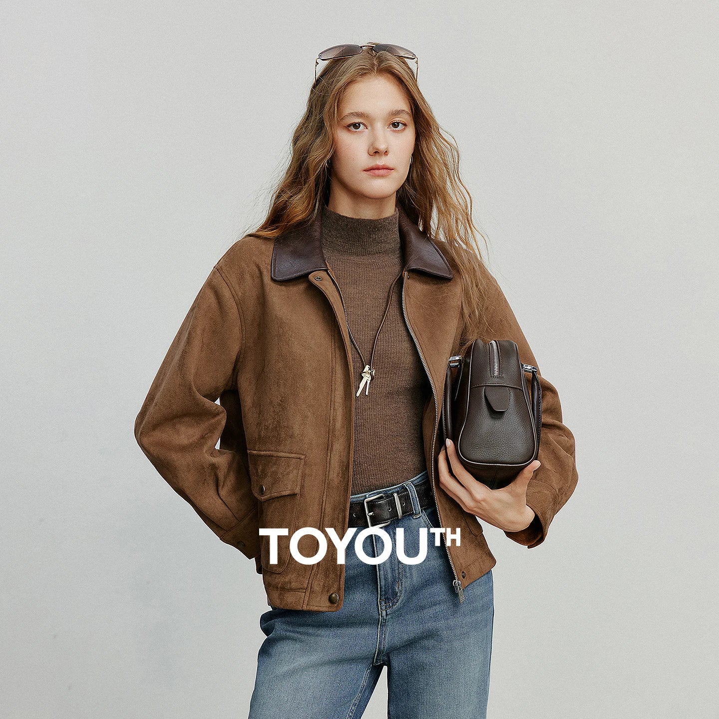 TOYOUTH Women Jacket coat 2025 Autumn New Vingtage Barn Style Suede Leather Patchwork Collar Jacket Brown