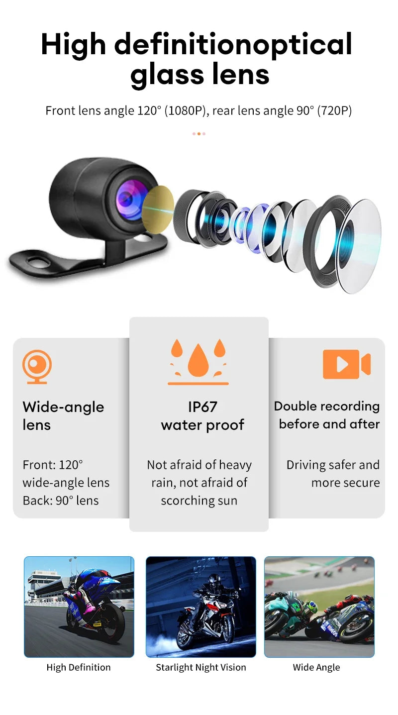 3 Inch Motorcycle Dashcam Waterproof Motorcycle Camera DVR Front 720P & Rear 480P Camera Video Loop Recorder Black Night Vision