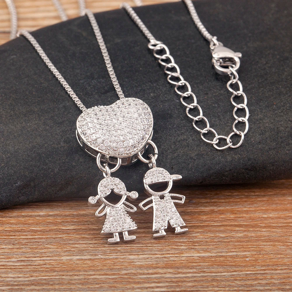 New Trendy Classic Design Shiny Crystal Zircon Charm Boy/Girl Pendant Necklaces For Women Mother's Day Chain Choker Jewelry Gift