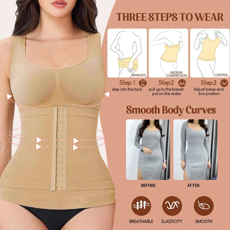 1PC Highly Elastic Women'S 3in1 Camisole Seamless Waist Trainer Removable Bra Pad Hook Adjustable Tummy Control Shaping Tank Top