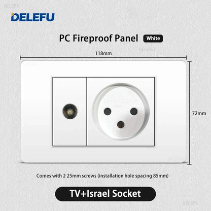 DELEFU White Retardant PC Israel USB Type C Fast Charging Wall Socket Light Tuya Wifi Smart Switch Sat TV Tel Doorbell Curtain