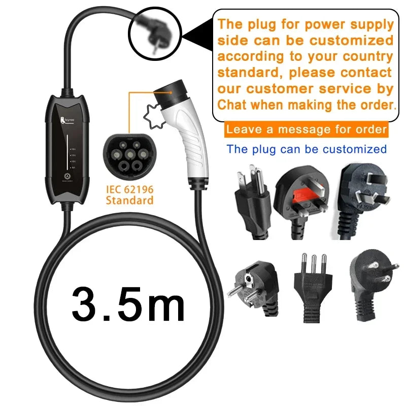 feyree EV Charger Type2 16A 3.5KW 1Phase GB/T / Type1 Current Adjustable 3.5m Cable Portable Charging Box for Electric Vehicle