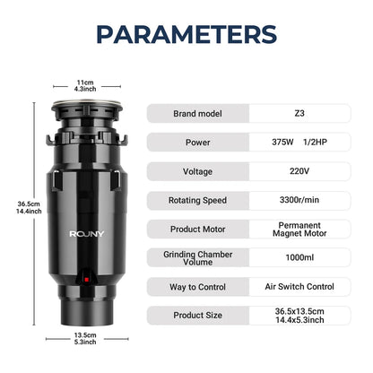 Continuous Feed Garbage Disposal with Sound Reduction,1/2 HP Food Waste Disposer with Stainless Steel Grinding System