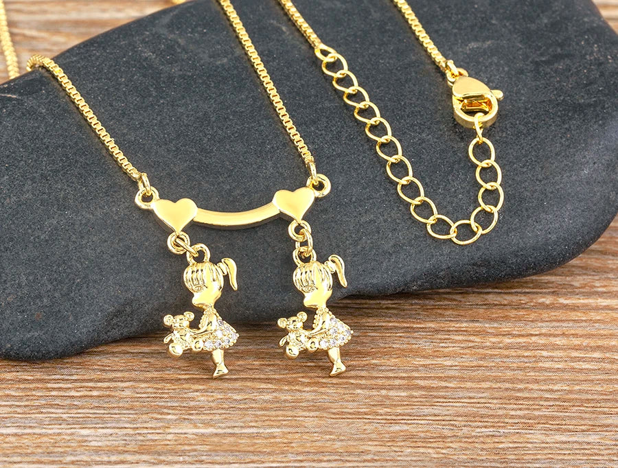 Nidin Exquisite Gold Plated Mom Daughter Necklace Girl Boy Pendant Chain Choker Cubic Zirconia Jewelry Mother's Day Gift