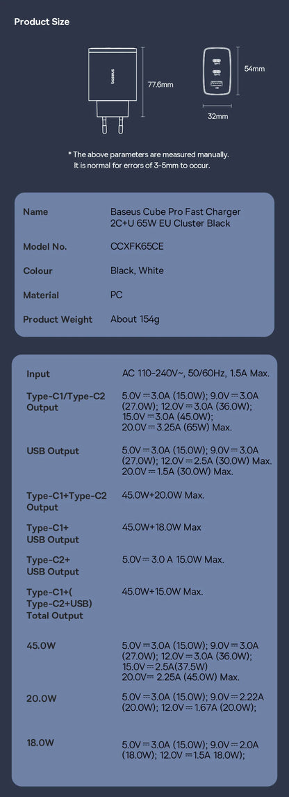 Baseus 65W USB C Charger GaN Charger Support QC PD Charge Portable Fast Charger For iPhone 17 16 15 Xiaomi Laptop Charger