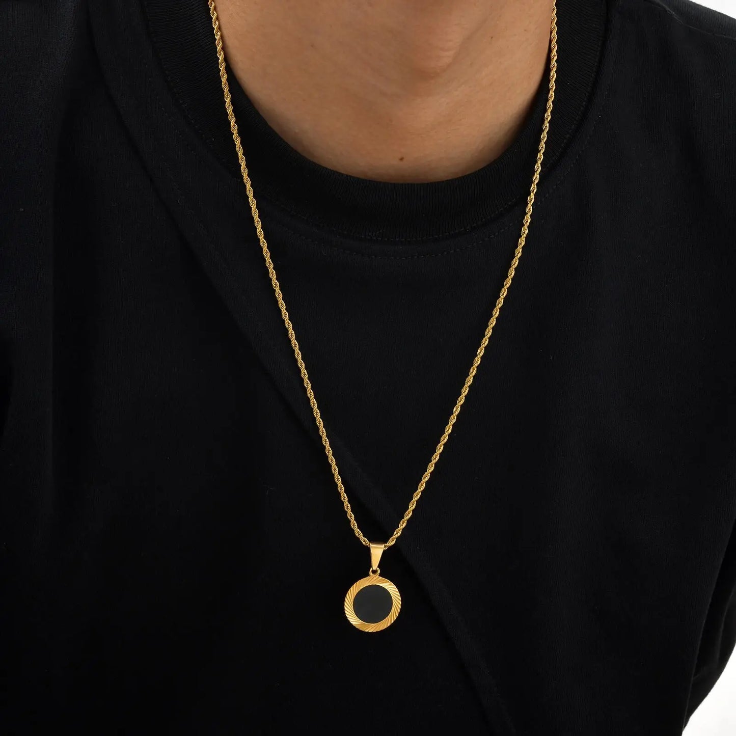Punk Round Necklace for Men Boys,Embossing Radiation Sunburst Stainless Steel Necklace,Birthday Father Jewelry Gift