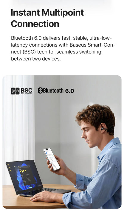 Baseus Bowie MC2 AIR Clip-on TWS Earbuds Ear Clips Wireless Earphones Bluetooth 6.0   Open earrings 4 Mic ENC Sports Headphone