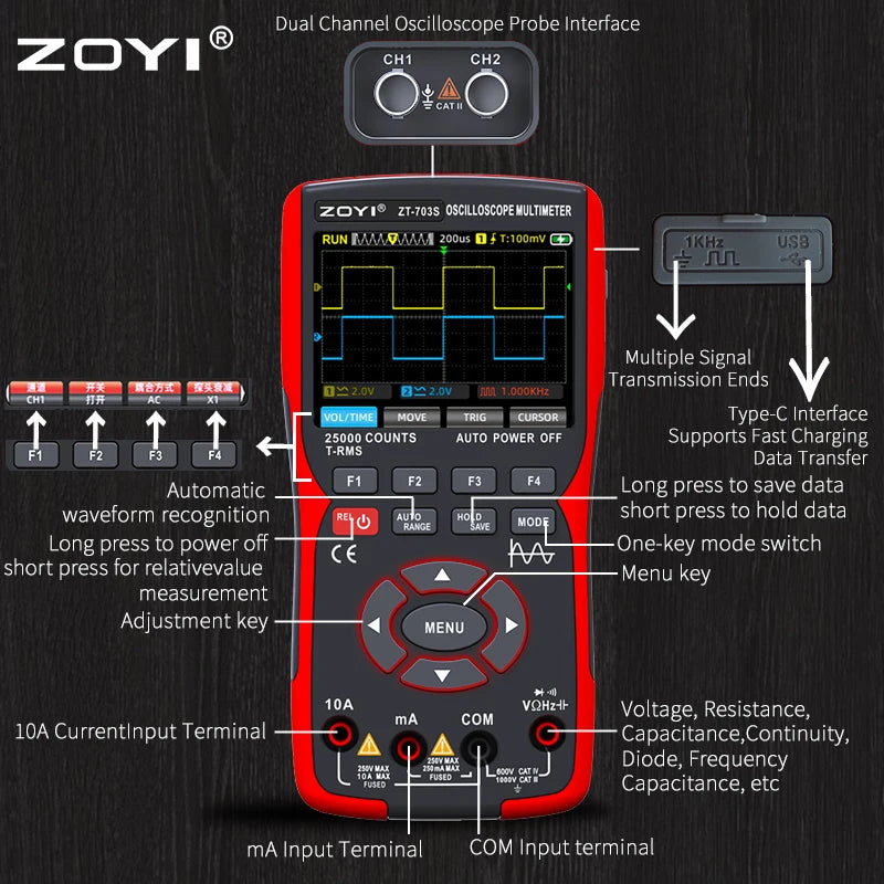 OYI ZT703S 3in1 Digital Multimeter 50MHz Bandwidth 280MS Rate PC Waveform Data Storage Dual Oscilloscope Signal Generator