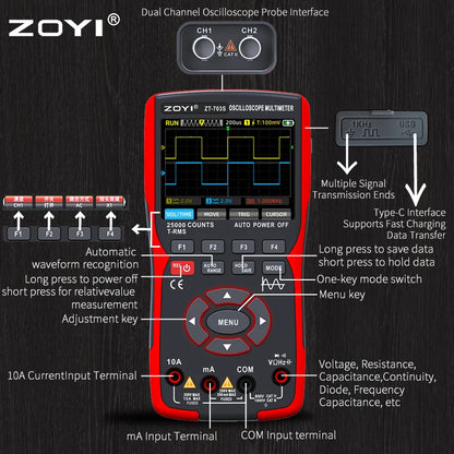 OYI ZT703S 3in1 Digital Multimeter 50MHz Bandwidth 280MS Rate PC Waveform Data Storage Dual Oscilloscope Signal Generator