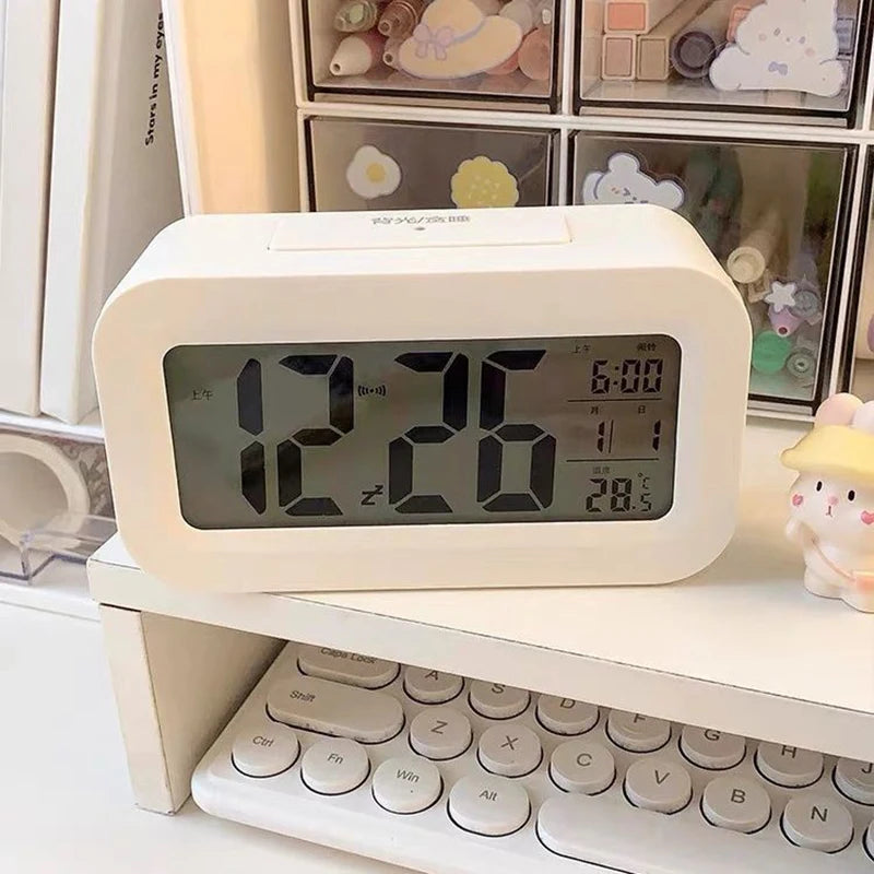 Smart Digital Alarm Clock Black White LCD Display with Temperature Calendar Timer Led Light for Bedroom Office (Without Battery)