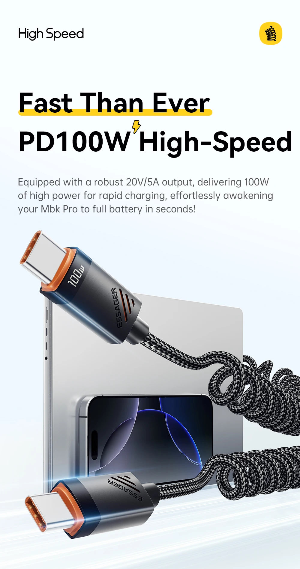 Essager Car Spring Type C Cable  For iPhone 16 15 Xiaomi Samsung 100W PD Fast Charging For Macbook iPad Type C to Type C Cable