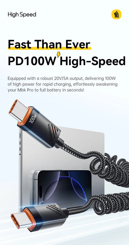 Essager Car Spring Type C Cable  For iPhone 16 15 Xiaomi Samsung 100W PD Fast Charging For Macbook iPad Type C to Type C Cable