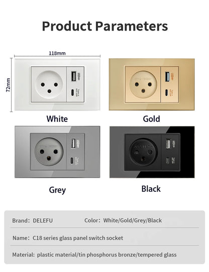 DELEFU White Retardant PC Israel USB Type C Fast Charging Wall Socket Light Tuya Wifi Smart Switch Sat TV Tel Doorbell Curtain