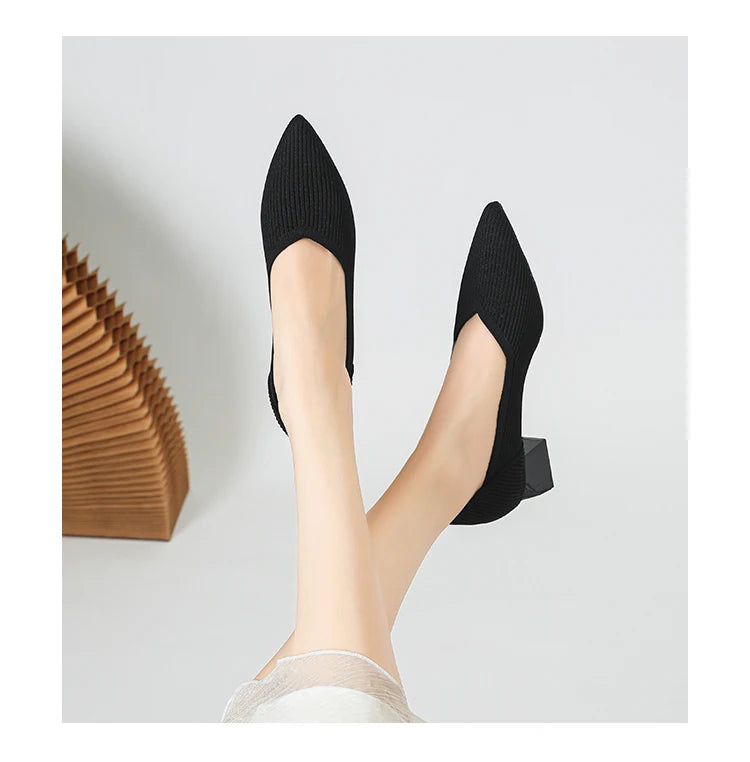 2025 New Women's High Heels Large 42/43 Fashion Pointed Anti slip Rubber Bottom Knitted Breathable Shoes