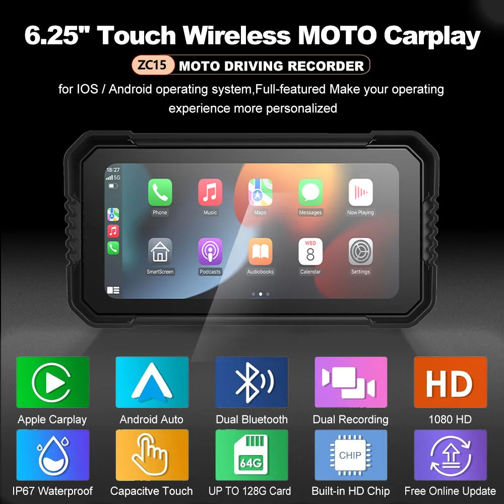 BEPOCAM 5"/6.25" Motorcycle GPS Navigation DVR Carplay Screen for Moto Dual Cameras Drive Recorder IPX7 Waterproof Moto Monitor