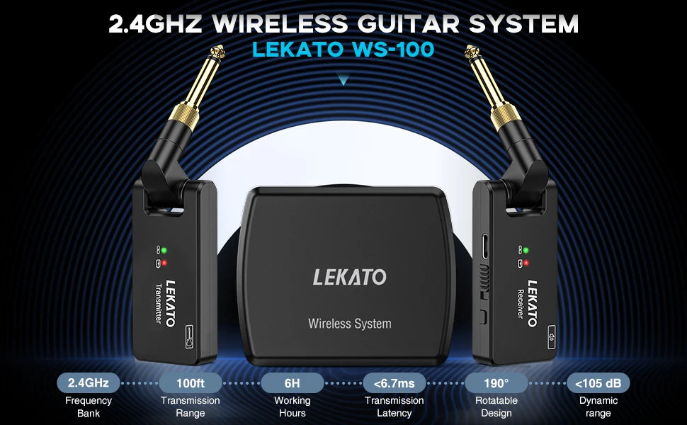 LEKATO Wireless Guitar System Guitar Wireless Transmitter Receiver 2.4Ghz Rechargeable Wireless Audio System (WS-100)