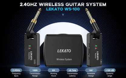 LEKATO Wireless Guitar System Guitar Wireless Transmitter Receiver 2.4Ghz Rechargeable Wireless Audio System (WS-100)